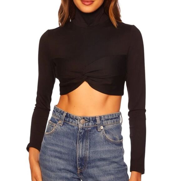 NEW Susana Monaco Twist Mock Neck Crop Top in Black Large - Picture 1 of 10